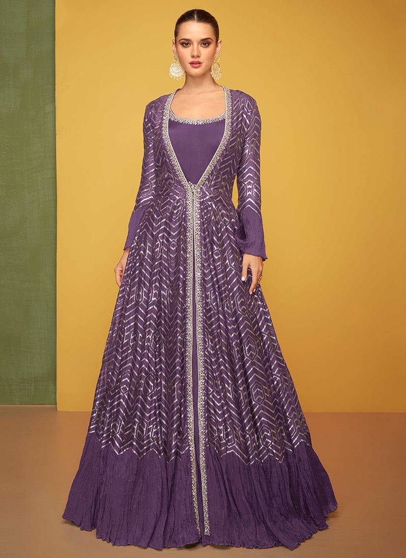 Purple Silk Zari Embroidered Sequins Anarkali Gown With Jacket Festive Wear