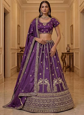 Purple Silk Zari Embroidered Sequins Lehenga