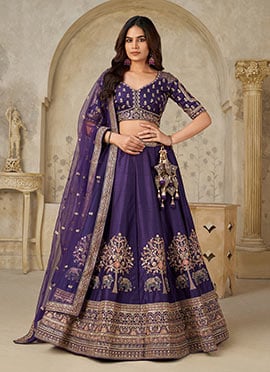 Purple Silk Zari Embroidered Sequins Lehenga Choli Wedding Wear