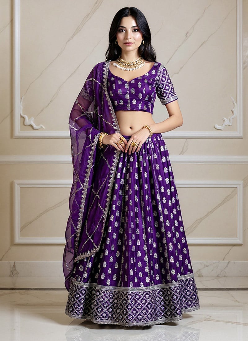 Purple Silk Zari Embroidered Sequins Lehenga Wedding Wear
