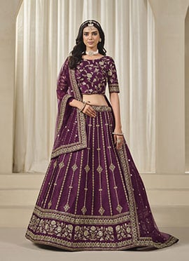 Purple Silk Zari Embroidered Sequins Lehenga Wedding Wear