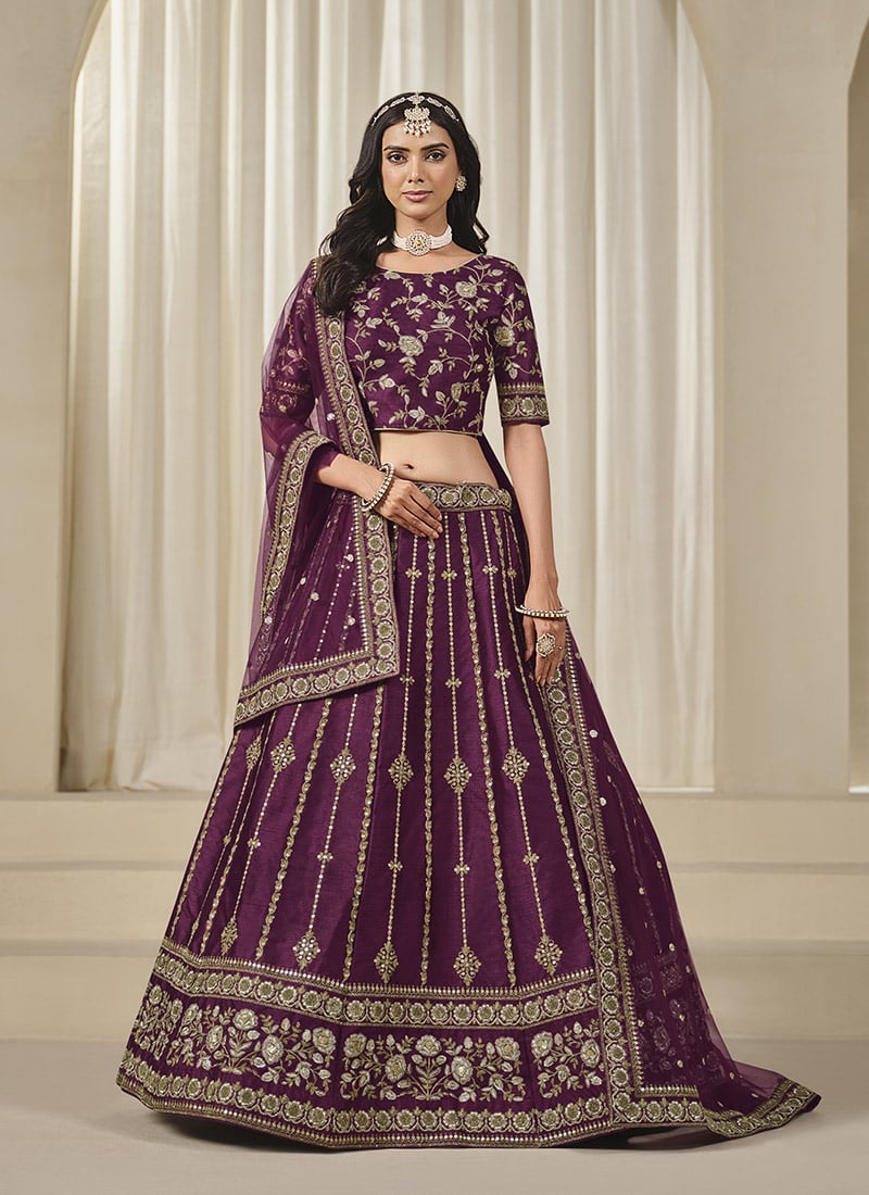 Purple Silk Zari Embroidered Sequins Lehenga Wedding Wear