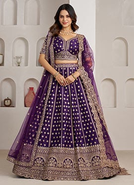 Purple Silk Zari Embroidered Sequins Lehenga