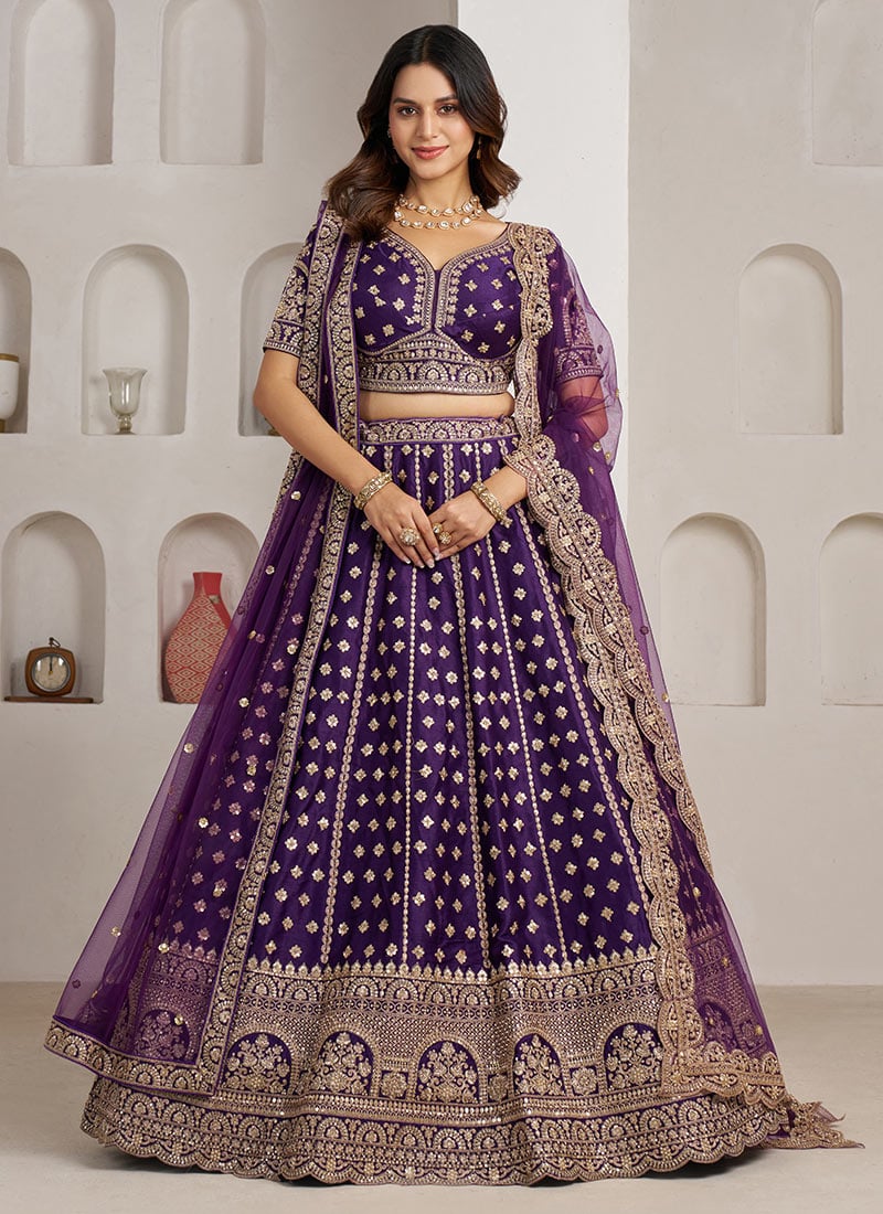 Purple Silk Zari Embroidered Sequins Lehenga Wedding Wear
