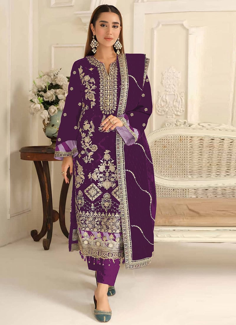 Purple Silk Zari Embroidered Sequins Pakistani Straight Pant Suit Festive Wear