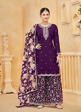 Purple Silk Zari Embroidered Sequins Palazzo Suit With Digital Print Dupatta