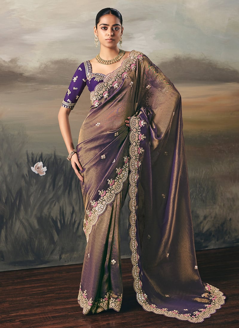 Purple Silk Zari Embroidered Sequins Saree Wedding Wear