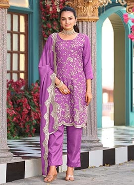 Purple Silk Zari Embroidered Sequins Straight Pant Suit