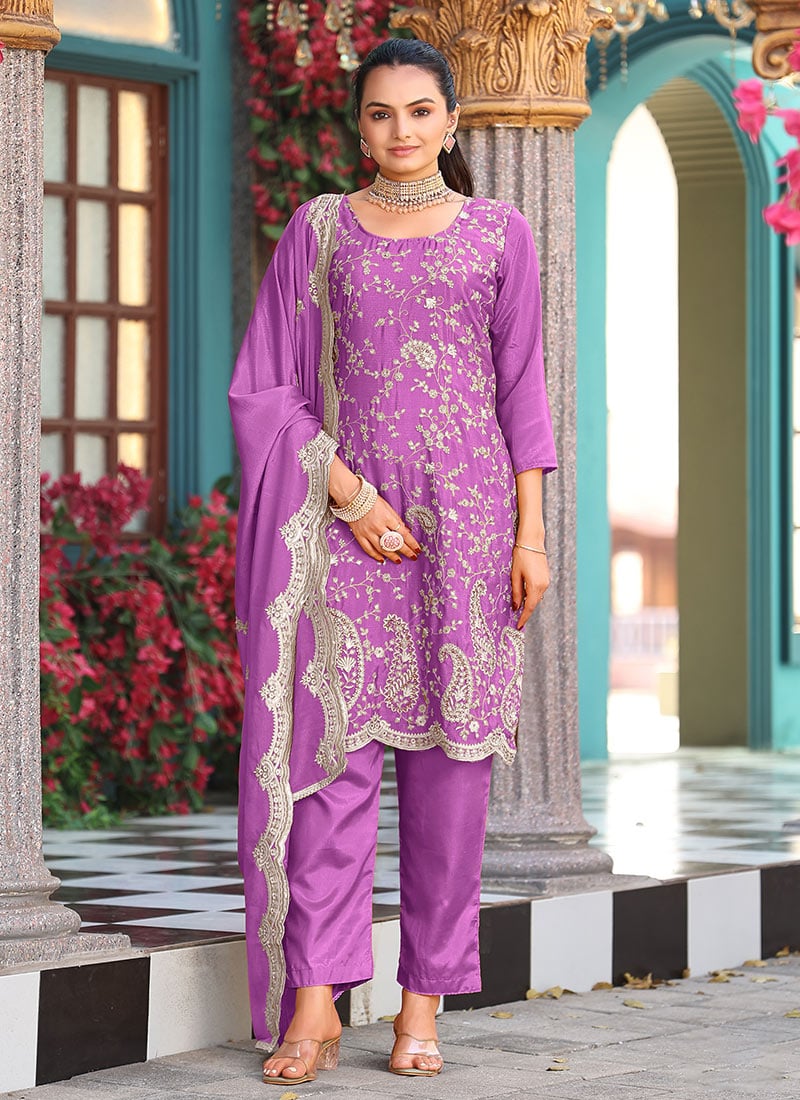 Purple Silk Zari Embroidered Sequins Straight Pant Suit Festive Wear