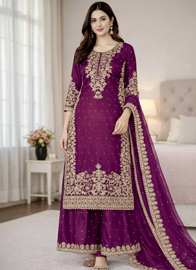 Purple Silk Zari Embroidered Sequins With Moti Work Palazzo Suit Festive Wear