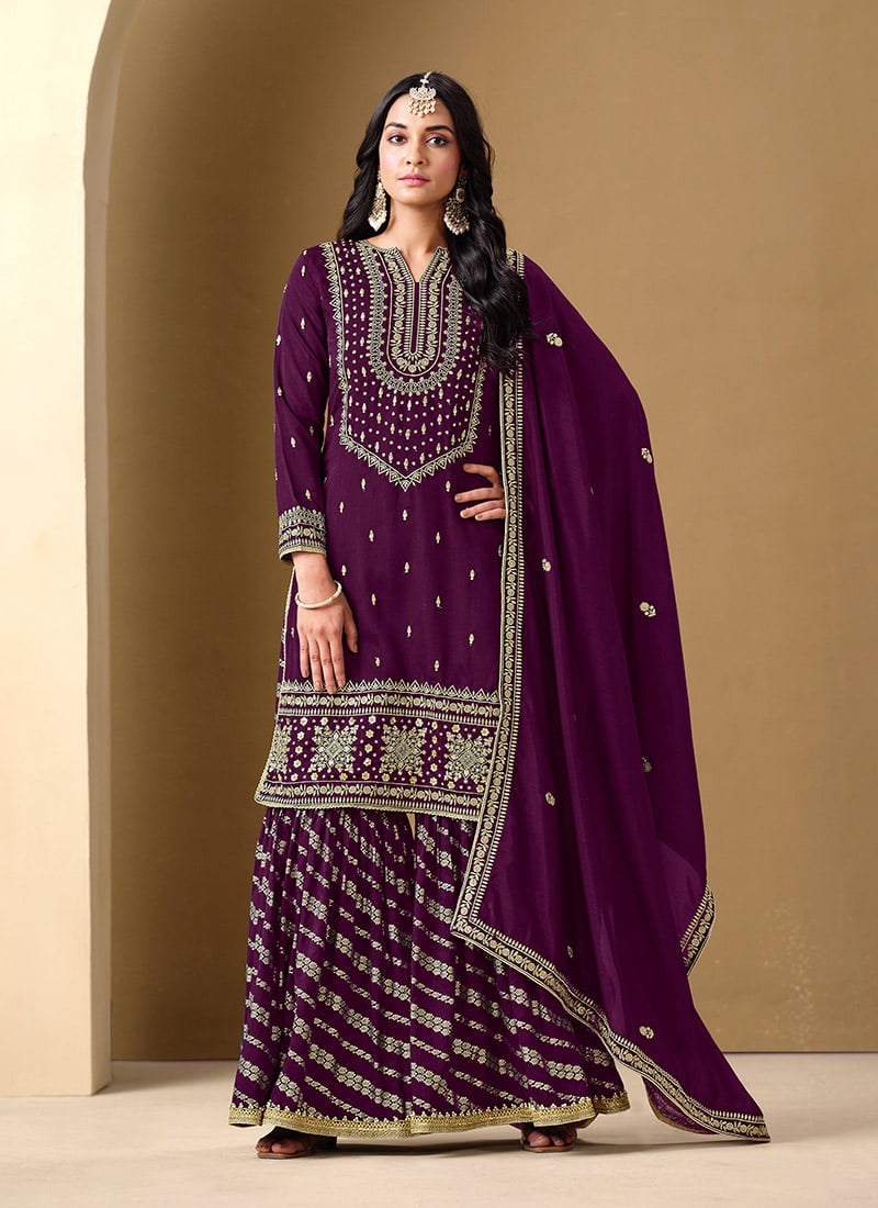Purple Silk Zari Embroidered Sequins With Pakistani Jacquard Print Sharara Suit Festive Wear