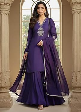 Purple Silk Zari Hand Embroidered Palazzo Suit