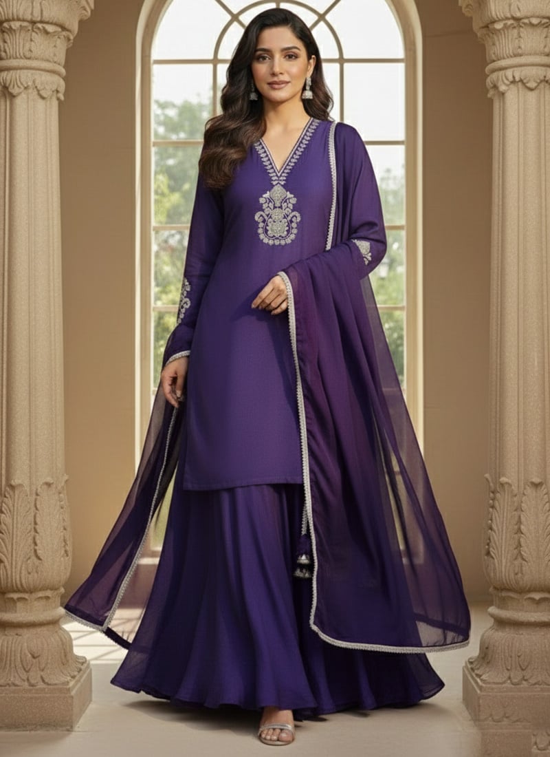 Purple Silk Zari Hand Embroidered Palazzo Suit Festive Wear