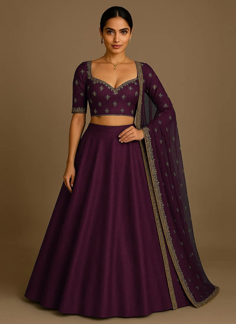 Purple Silk Zari Hand Embroidered Sequins Lehenga Wedding Wear