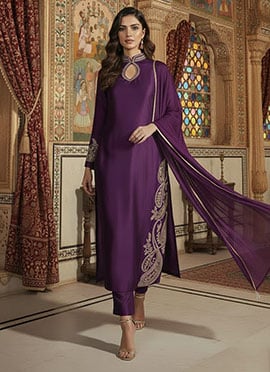 Purple Silk Zari Hand Embroidered Straight Pant Suit