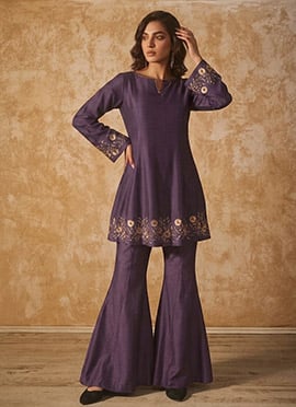 Purple Silk Zari Resham Beads Indowestern Bell Bottom Pant Suit