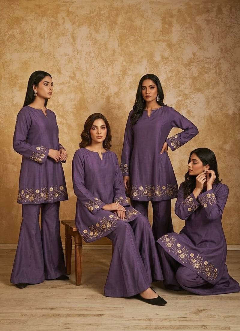 Purple Silk Zari Resham Beads Indowestern Bell Bottom Pant Suit After Six Wear