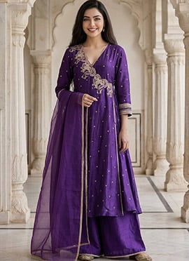 Purple Silk Zari Sequins Embroidered Angarkha Palazzo Suit