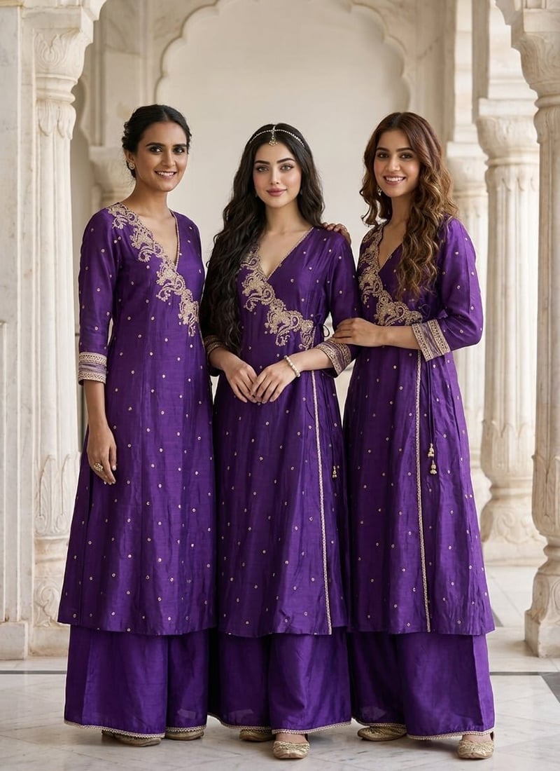 Purple Silk Zari Sequins Embroidered Angarkha Palazzo Suit Festive Wear