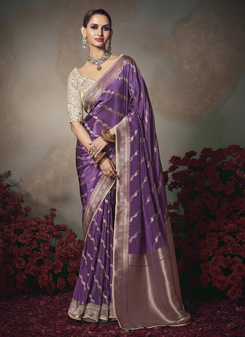 Purple Silk Zari Sequins Embroidered Jacquard Saree Festive Wear