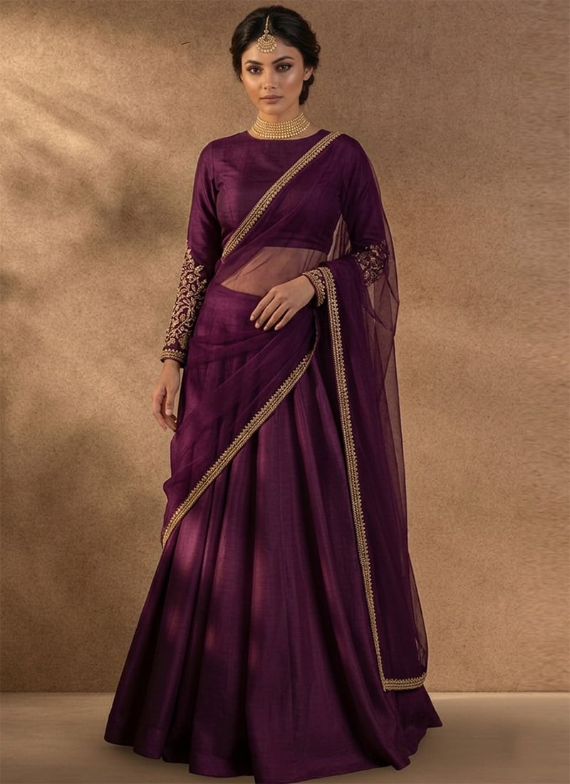 Purple Silk Zari Sequins Embroidered Lehenga Wedding Wear