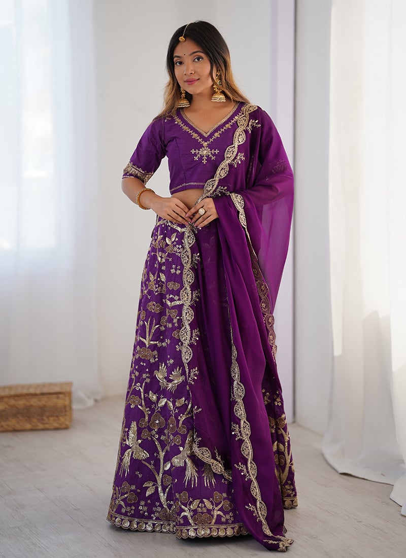 Purple Silk Zari Sequins Embroidered Lehenga Festive Wear