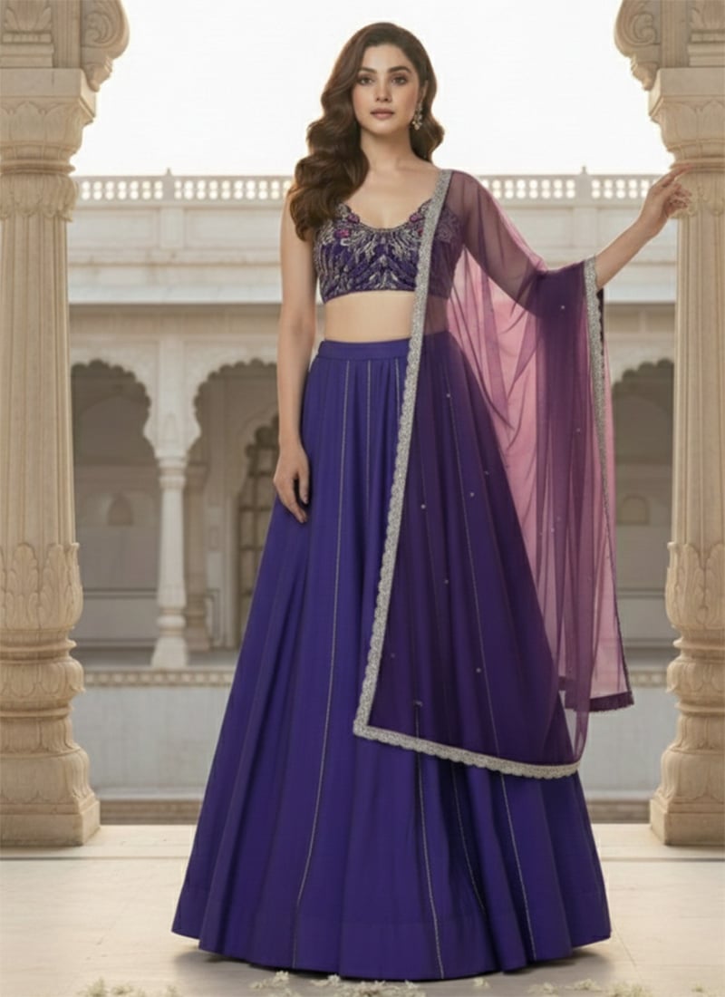 Purple Silk Zari Sequins Hand Embroidered A Line Lehenga Wedding Wear