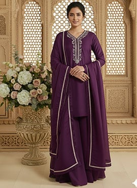 Purple Silk Zari Sequins Palazzo Suit