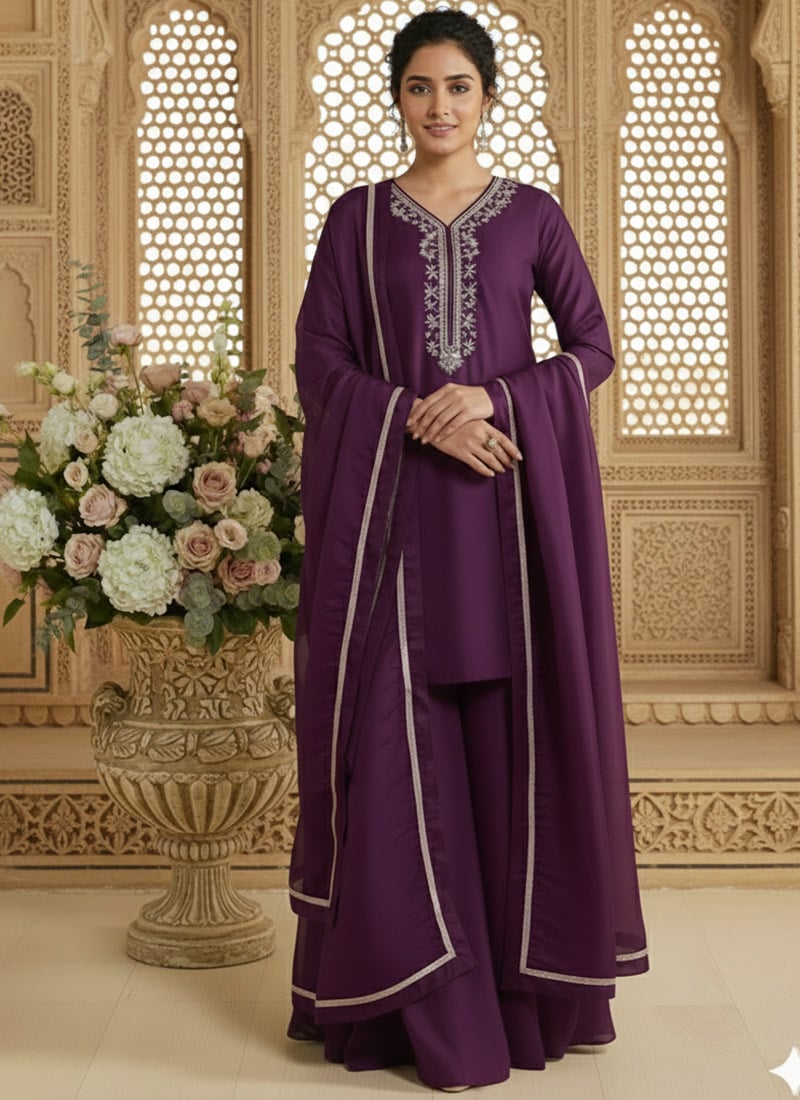 Purple Silk Zari Sequins Palazzo Suit Festive Wear