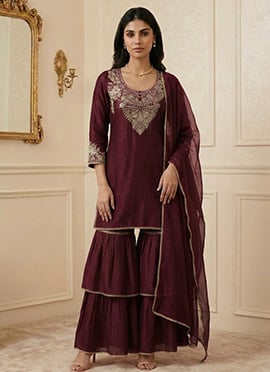 Purple Silk Zari Sequins Sharara Suit