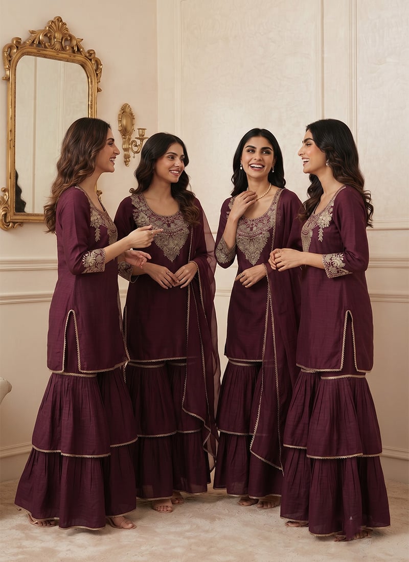 Purple Silk Zari Sequins Sharara Suit After Six Wear