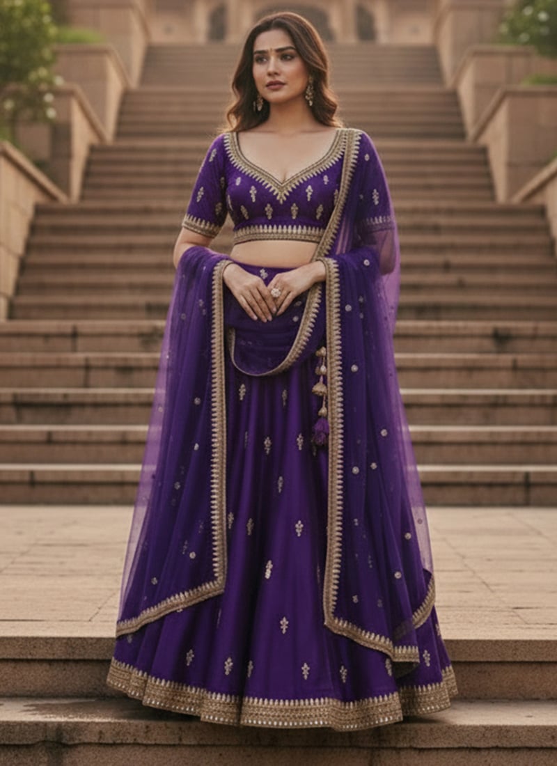 Purple Silk Zari Stones Embellished Umbrella Lehenga Wedding Wear