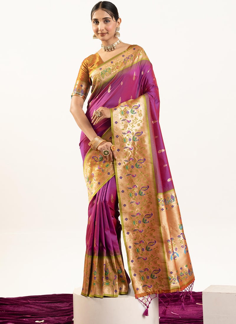 Purple Soft Banarasi Silk Zari Jacquard Saree Festive Wear