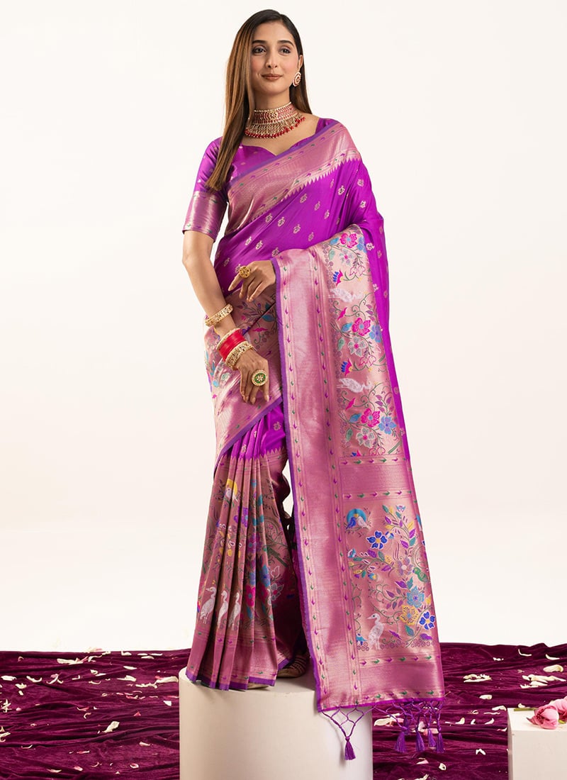 Purple Soft Banarasi Silk Zari Woven Saree Festive Wear