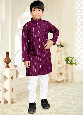 Purple Soft Cotton Sequins Kids Boys Kurta Pyjama