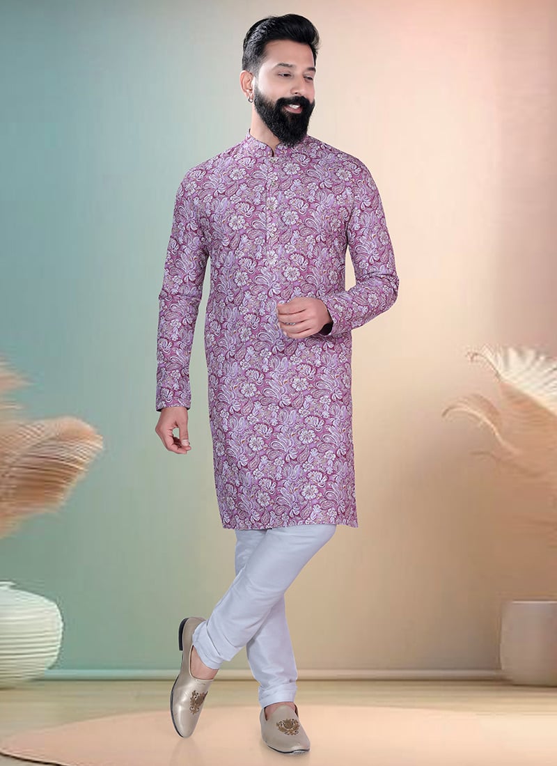 Purple Soft Cotton Thread Embroidered Sequins Printed Kurta Pyjama