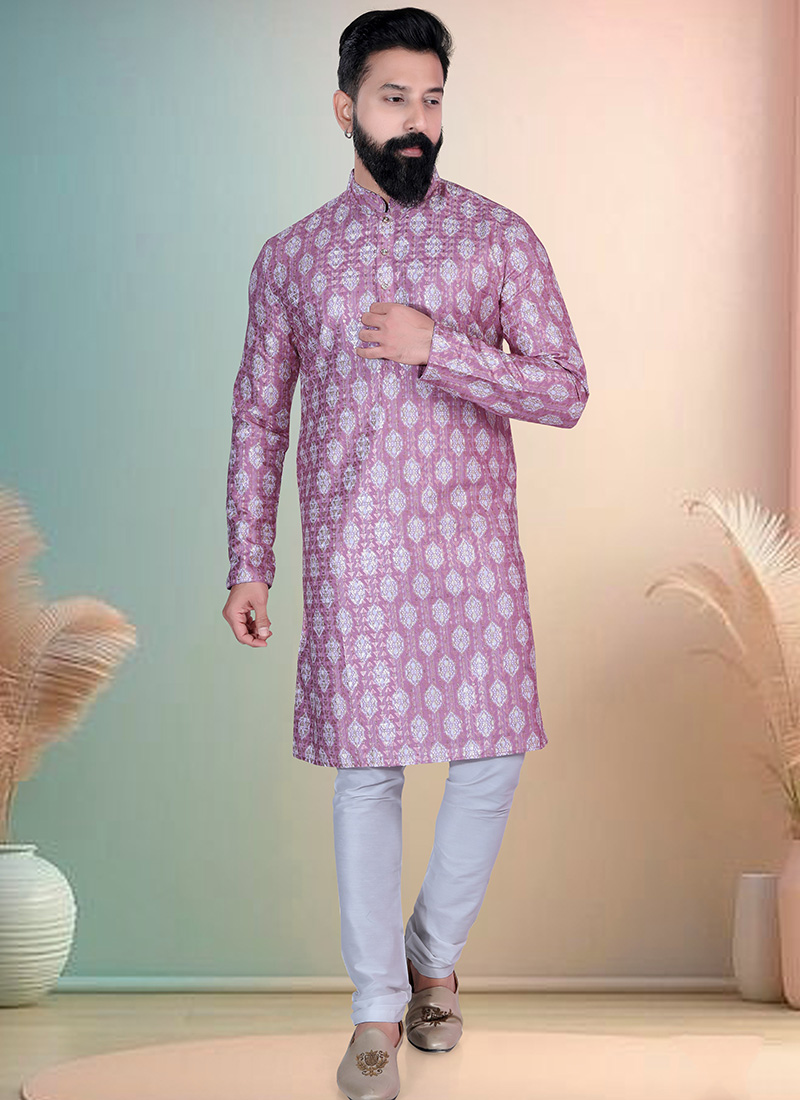 Purple Soft Cotton Thread Embroidered Sequins Printed Kurta Pyjama Festive Wear