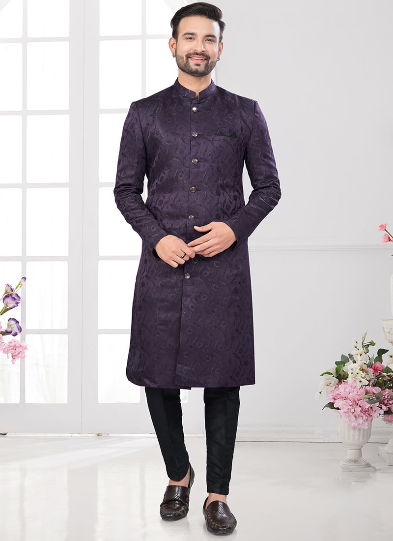 Purple Soft Jacquard Silk Indowestern Sherwani