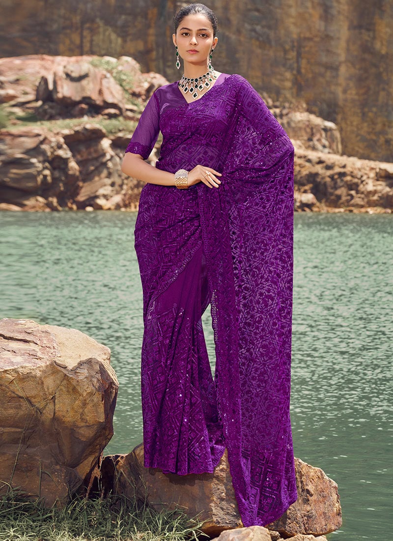 Purple Soft Net Embroidered Sequins Saree