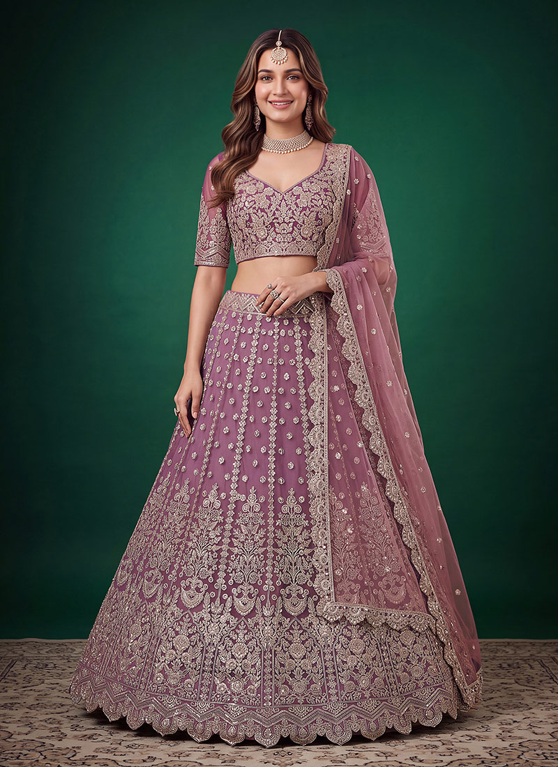 Purple Soft Net Zari Dori Sequins Embroidered Lehenga Wedding Wear