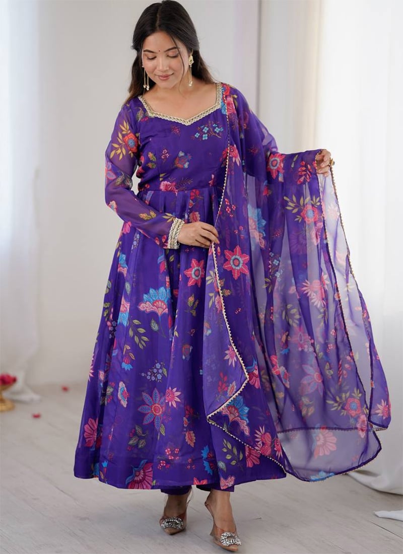 Purple Soft Organza Printed Anarkali Suit After Six Wear