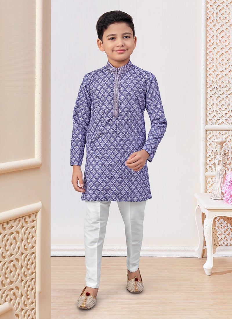 Purple Soft Rayon Printed And Embroidered Boys Kurta Pyjama Festive Wear