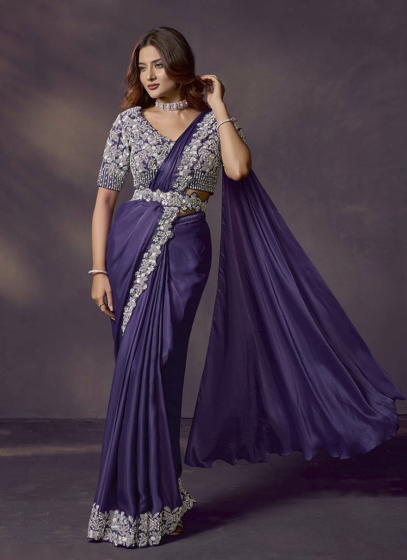 Purple Soft Satin Silk Hand Embroidered Pre Draped Saree