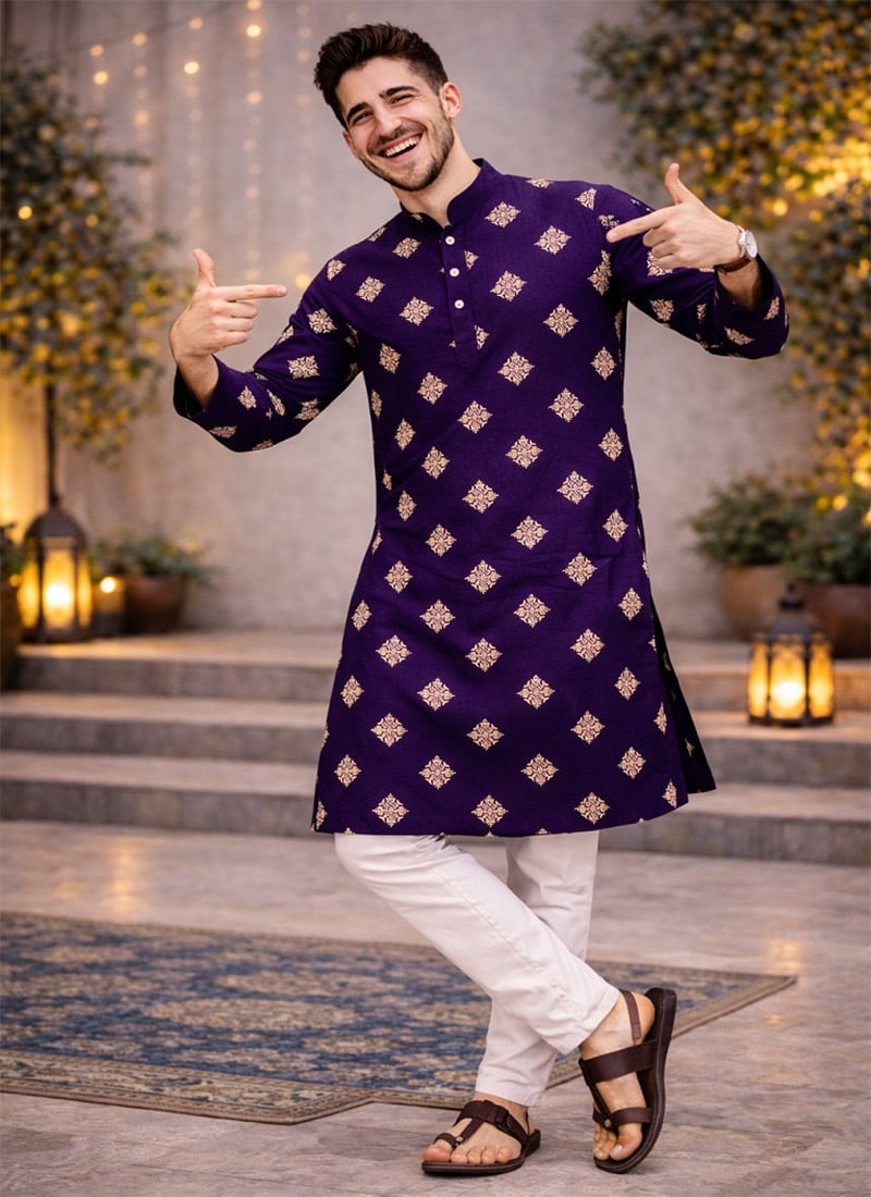 Purple Soft Silk Sequins Kurta Pyjama Festive Wear