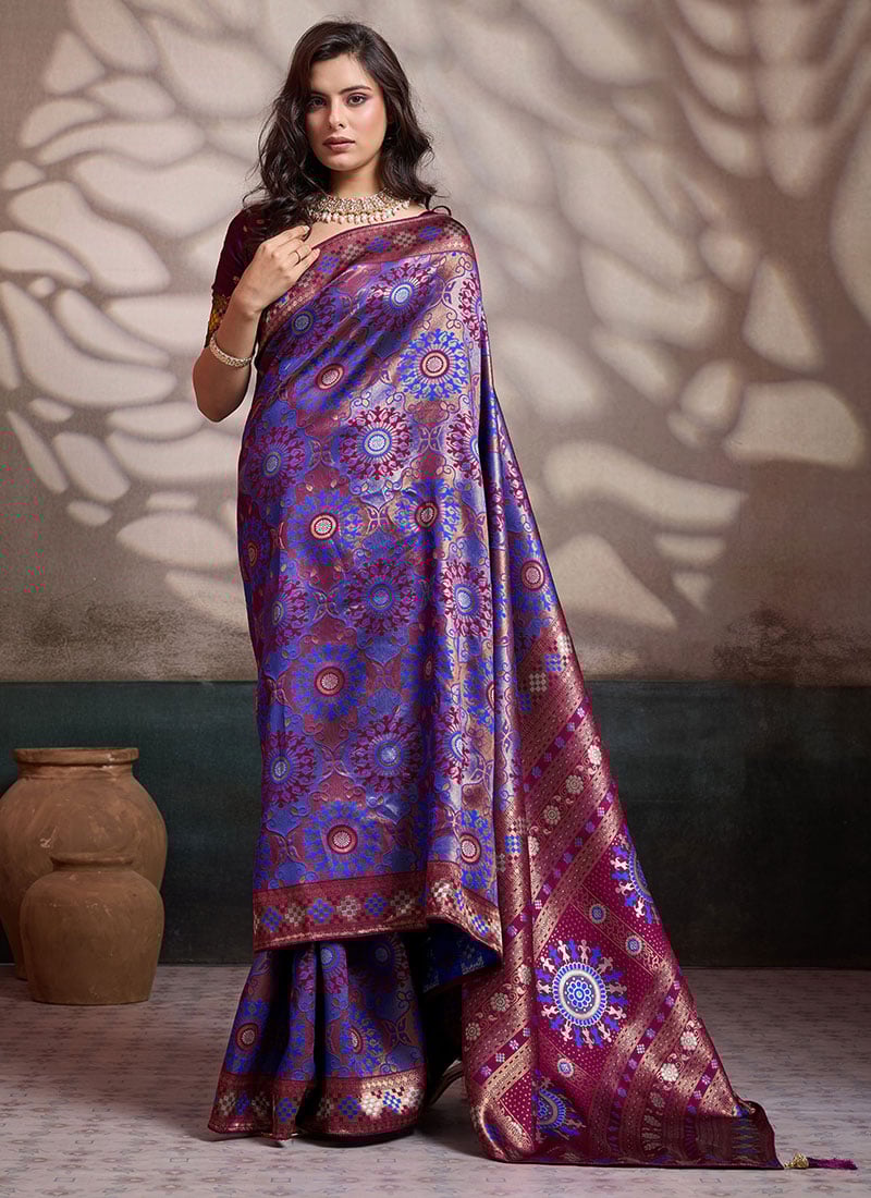 Purple Soft Silk Zari Jacquard With Meenakari Woven Print Saree Festive Wear