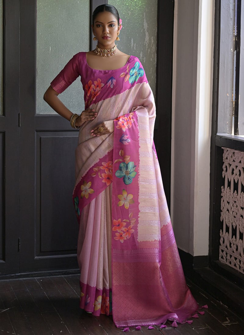 Purple Soft Silk Zari Woven Digital Print Saree