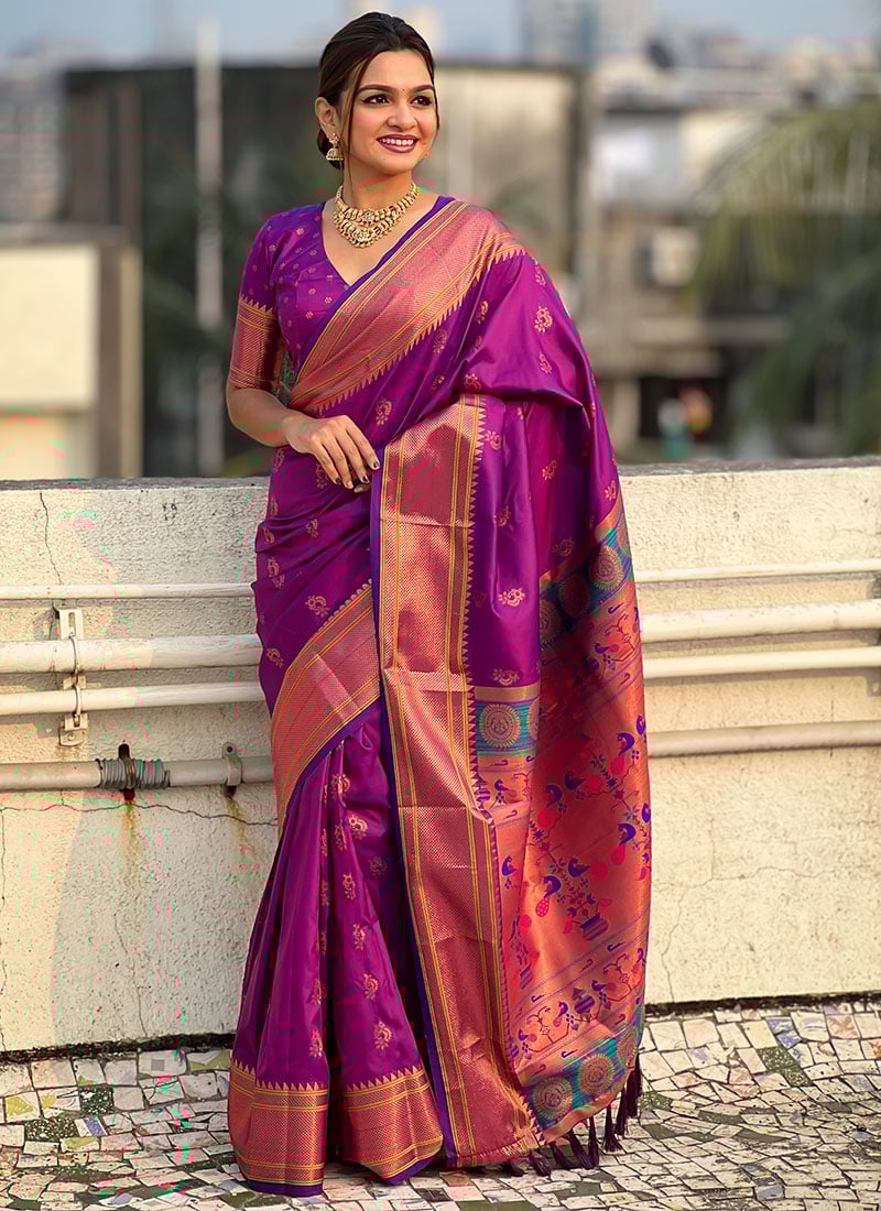 Purple Soft Silk Zari Woven Meenakari Print Saree Festive Wear