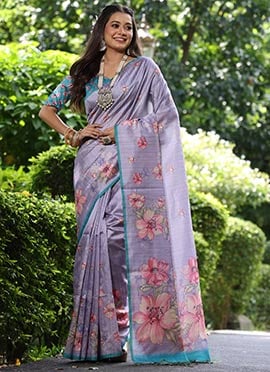 Purple Soft Tussar Silk Floral Digital Print Saree