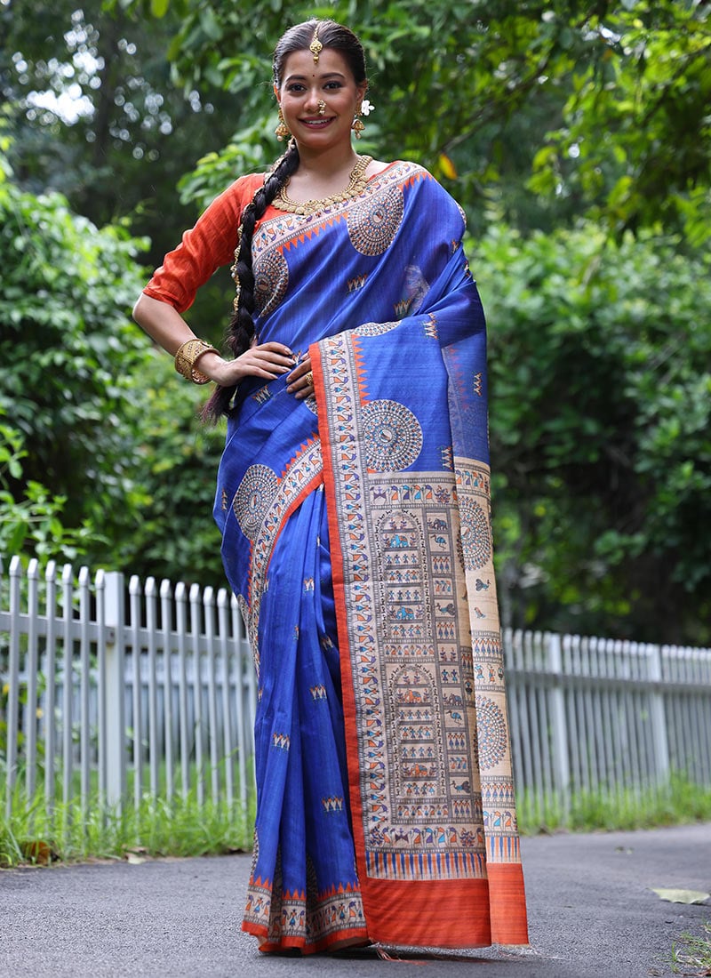 Purple Soft Tussar silk Printed Saree Festive Wear