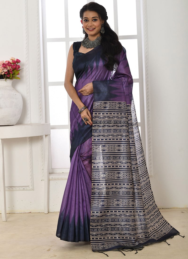 Purple Soft Woven Tussar Silk Printed Indian Saree  Festive Wear